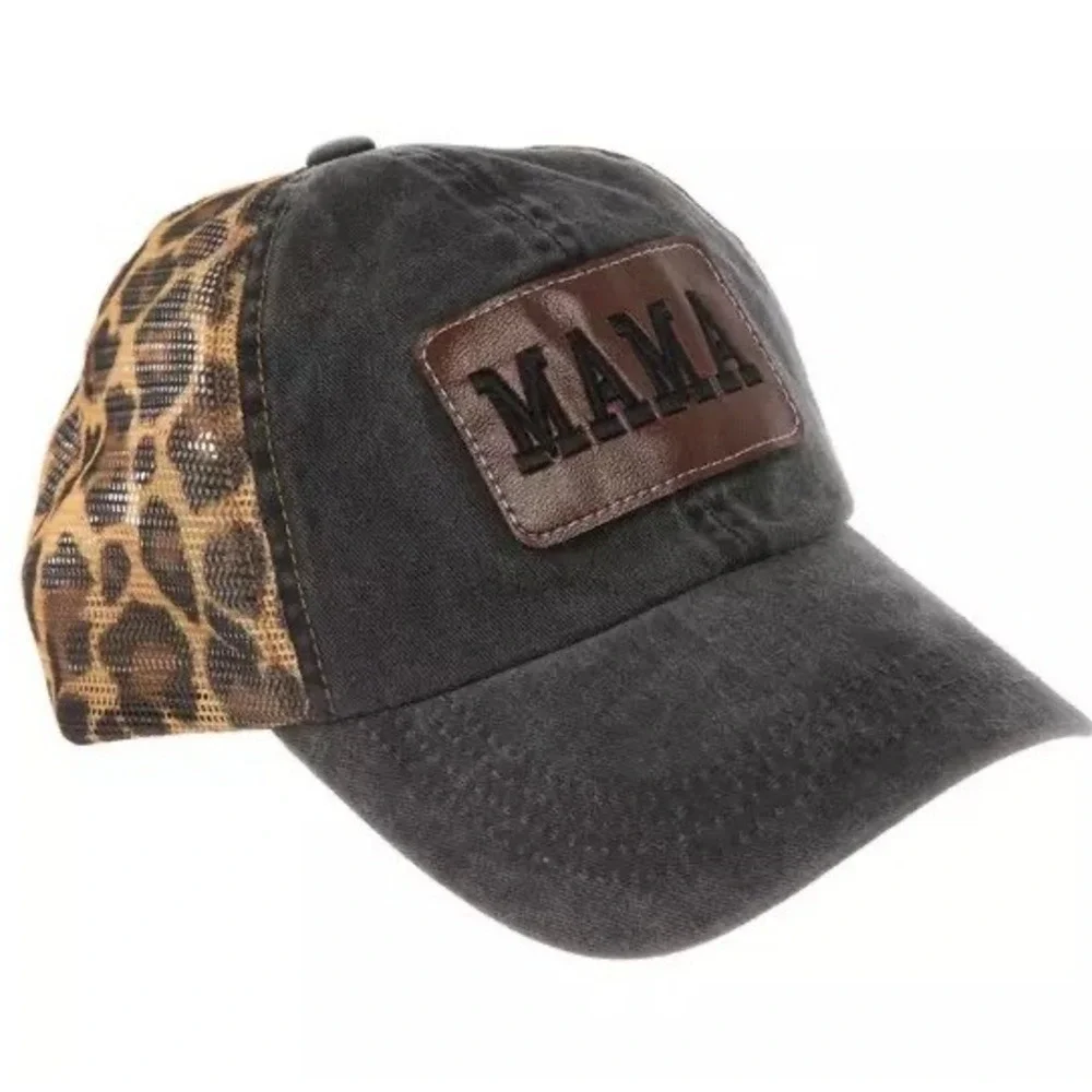 MAMA Patch Leopard Mesh Trucker Hat Distressed Charcoal Grey Snapback